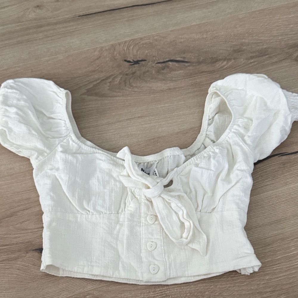 Princess Polly White Puff Sleeve Tie-Front Crop Top